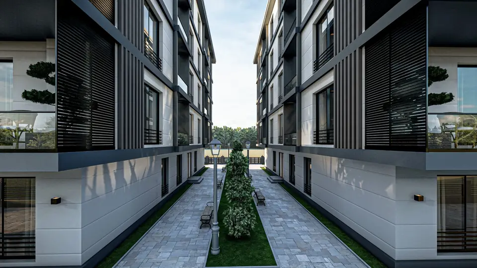 Nefes Park Evleri bloklar arası yürüyüş yolu ve bitki düzenlemesi